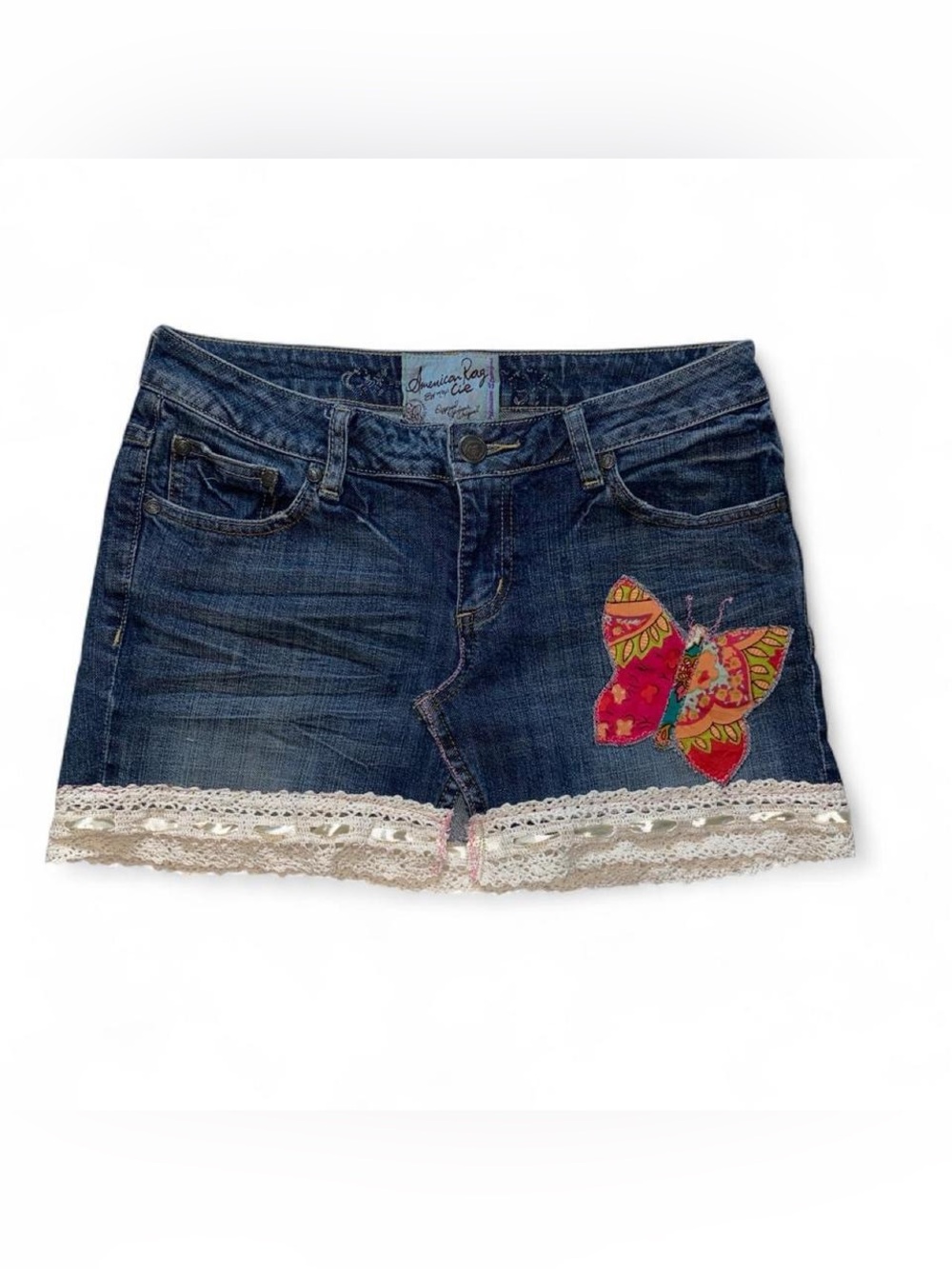 American Rag Blue Denim Butterfly Lace Trim Miniskirt